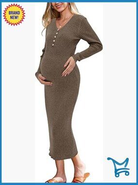 Wool Blend Maternity Bodycon Dress Long Sleeve V-Neck Baby Shower Photos